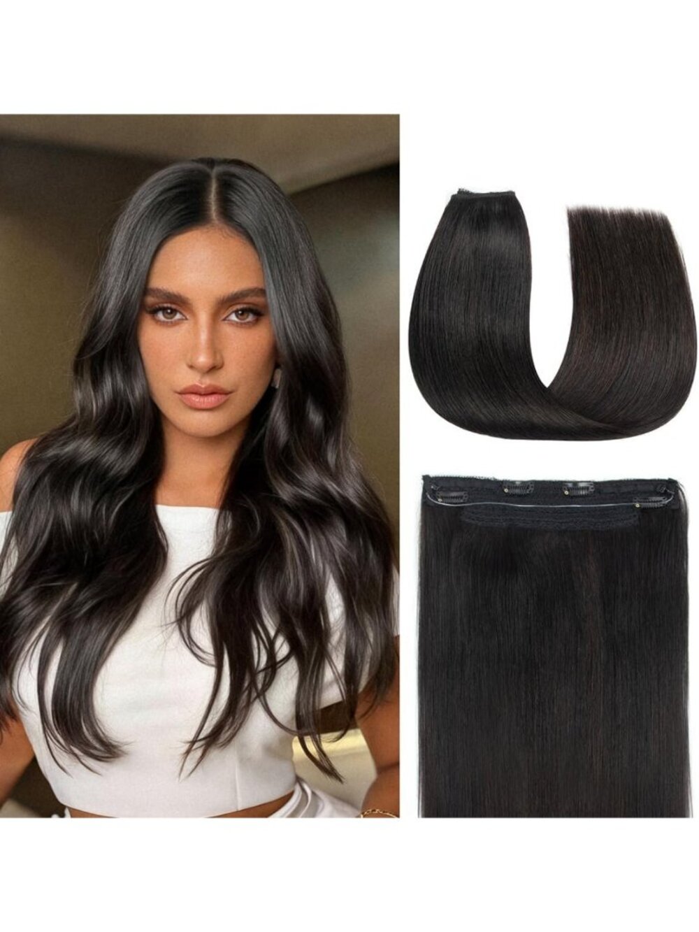 14" Real Human Hair Halo Extensions - Natural Black, Seamless, Layered, 70g